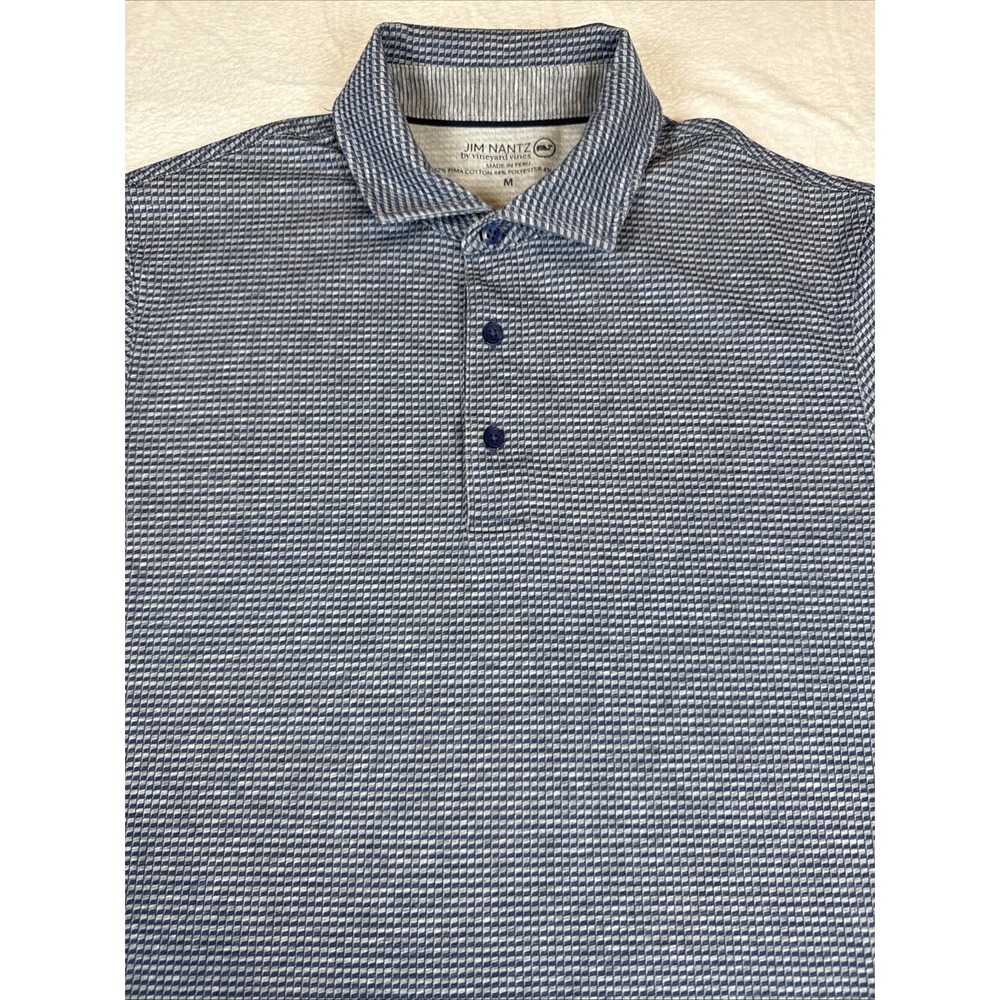 Jim Nantz Vineyard Vines Men M Blue Geometric Polo Short Sleeve Golf Preppy Peru